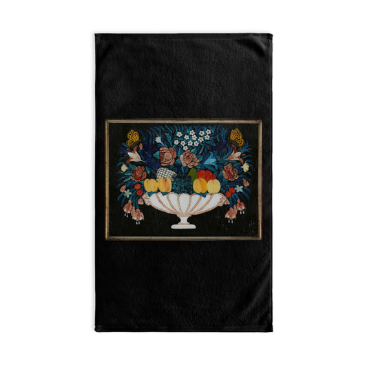 Fruit on a black background. Hand Towel. Custom Artwork.  Unique Whimsical Flare. Vivid Colors. Great for every bathroom in your home and business. Soft against your skin. Towel off after a bubble bath or shower. Now you are squeaky Clean!