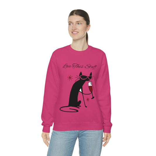 Love This Stuff Black Cat drinking wine. Sizes: Small through 5 Extra large. Price $57.00. Unisex Heavy Blend Crewneck Sweatshirt. Soft against your skin. Comfortable to wear every  day of the week. Keeping me warm and cozy. Great for Traveling and just relaxing!