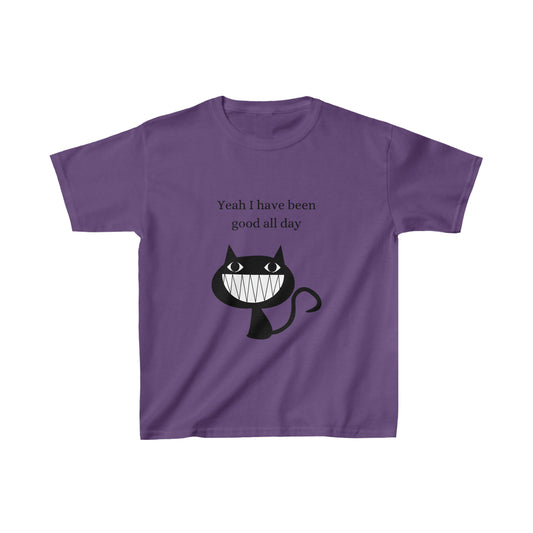 Black Cat. Yeah I have been good all day. Youth T-shirt. Custom Artwork. Unique Whimsical Flare. Vivid Colors. Great to wear every day of the week. Soft against your skin. Wear to school, restaurants, movies, bowling, hiking and to Grandma's house. Such a Wonderful Gift!