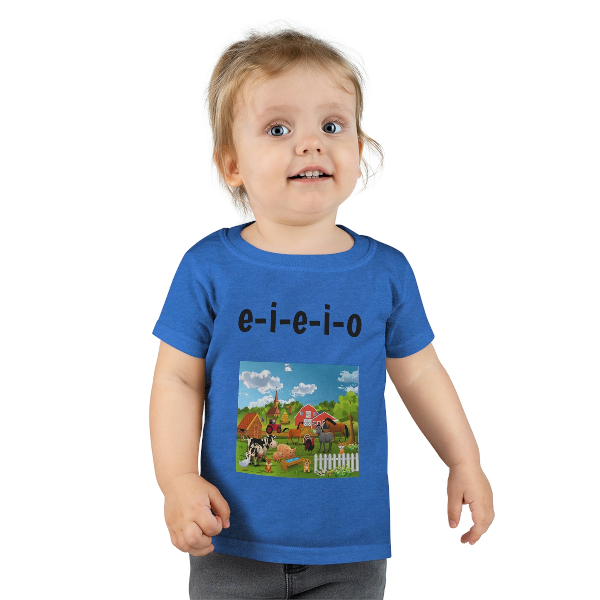 e-i-e-i-o Farm Animals. Toddler T-shirt. Custom Artwork. Unique Whimsical Flare. Vivid Colors. Children will love the soft fabric against their skin. Comfortable to wear every day of the week. Looking Cute going to Grandma's!