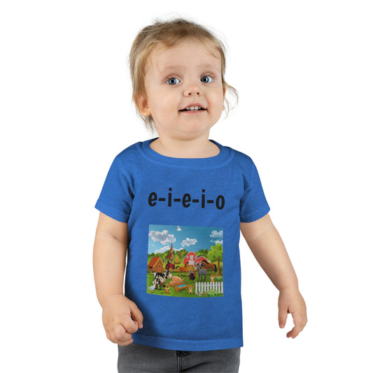 e-i-e-i-o Farm Animals. Toddler T-shirt. Custom Artwork. Unique Whimsical Flare. Vivid Colors. Children will love the soft fabric against their skin. Comfortable to wear every day of the week. Looking Cute going to Grandma's!