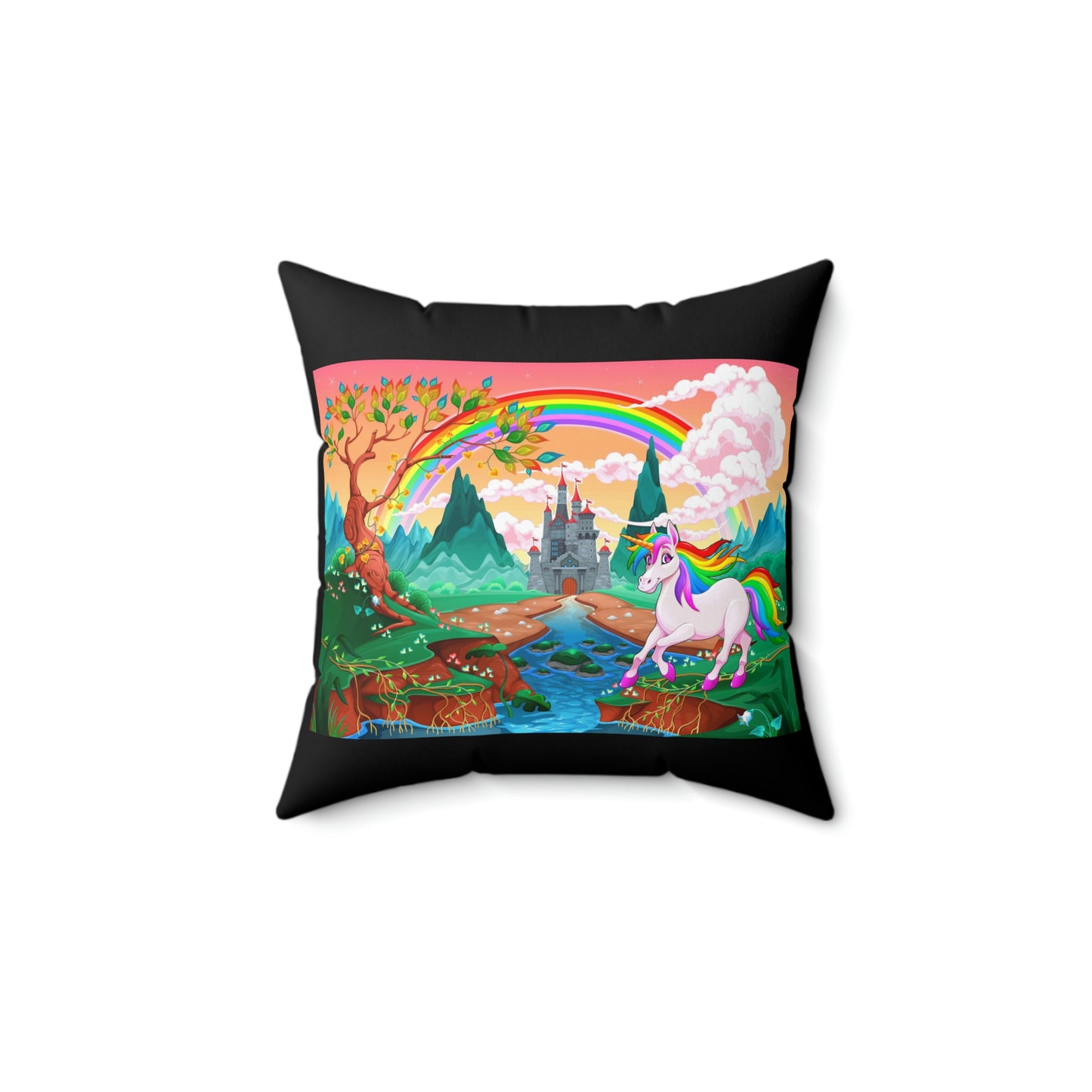 Coussin carré avec motif de château arc-en-ciel et licorne, idéal comme cadeau pour une chambre d'enfant