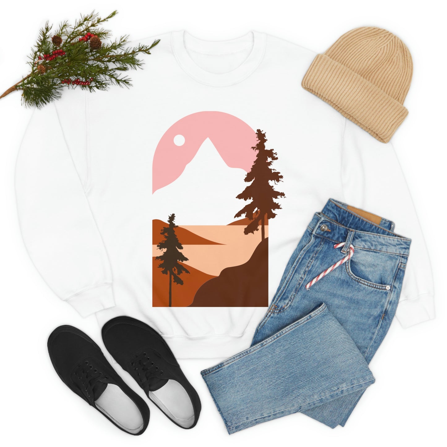 Sudadera con diseño de pino, montaña y luna. ¡Un fabuloso regalo navideño!