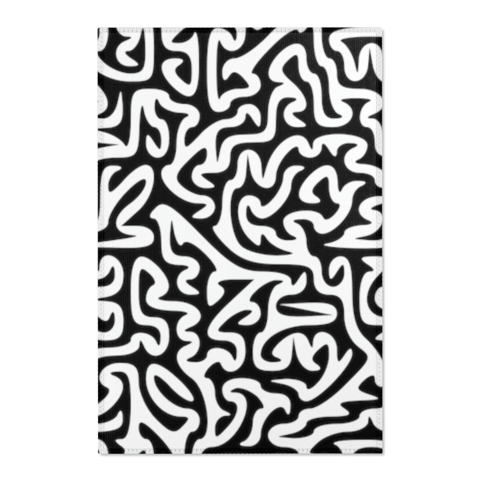 Maze Black & White. Area Rugs. Size: 24x36. Price: $60.00. Custom Artwork. Unique Whimsical Flare. Vivid Colors. Great for Homes and Businesses. Soft against your bare feet. Giving warmth to your room. Children and Pets will love sitting on Area Rugs.