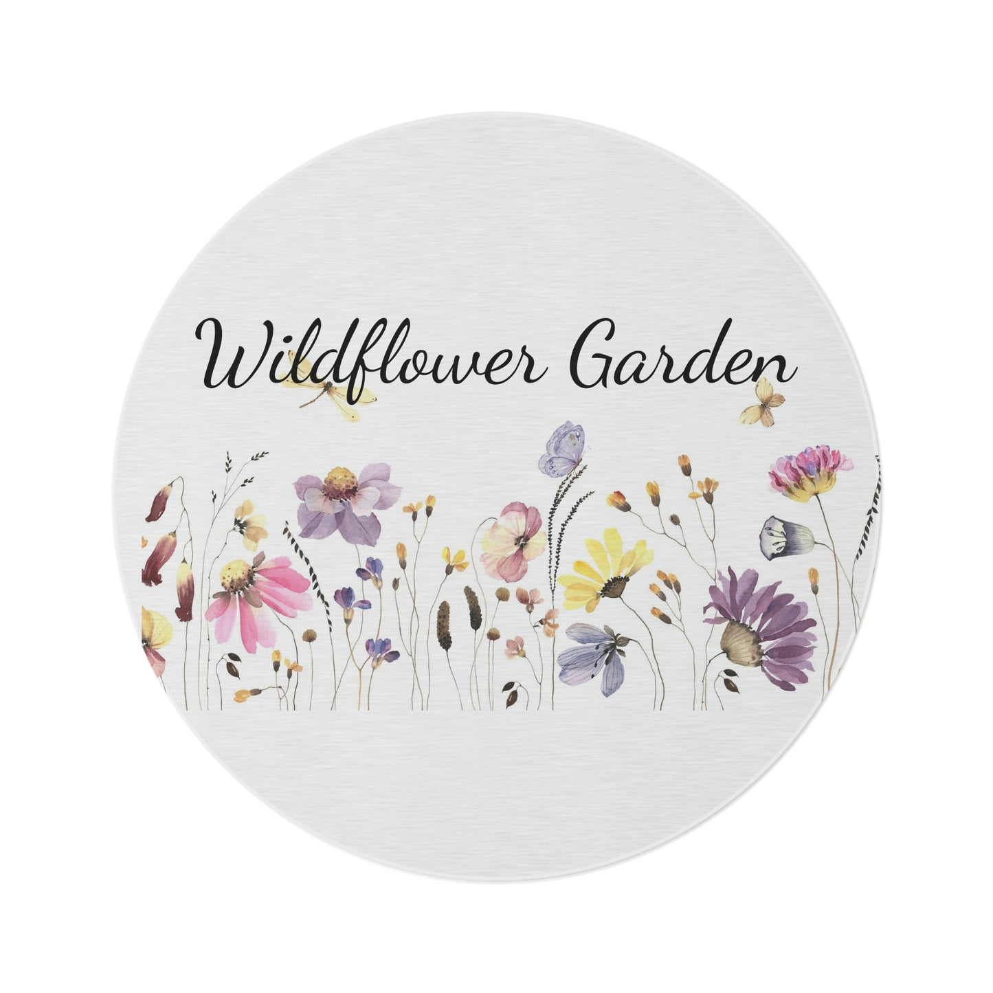 Wildflower Garden. Round Rug. Custom Artwork. Unique Whimsical Flare. Vivid Colors. Great to have in every room of your home and business. Definitely a Splash of Color. Soft against your bare feet. Children and Pets love Playing on the Round Rug.