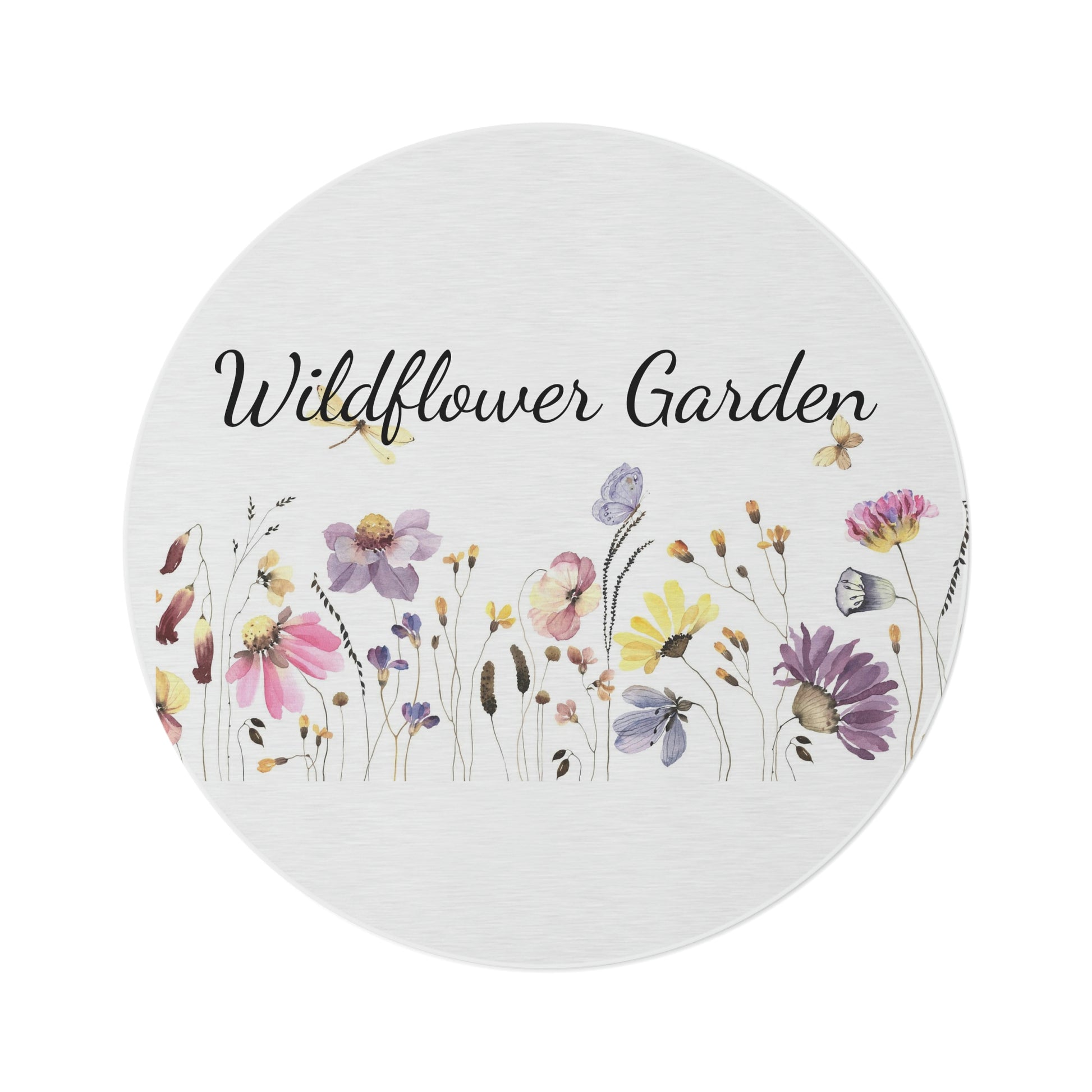 Wildflower Garden. Round Rug. Custom Artwork. Unique Whimsical Flare. Vivid Colors. Great to have in every room of your home and business. Definitely a Splash of Color. Soft against your bare feet. Children and Pets love Playing on the Round Rug.