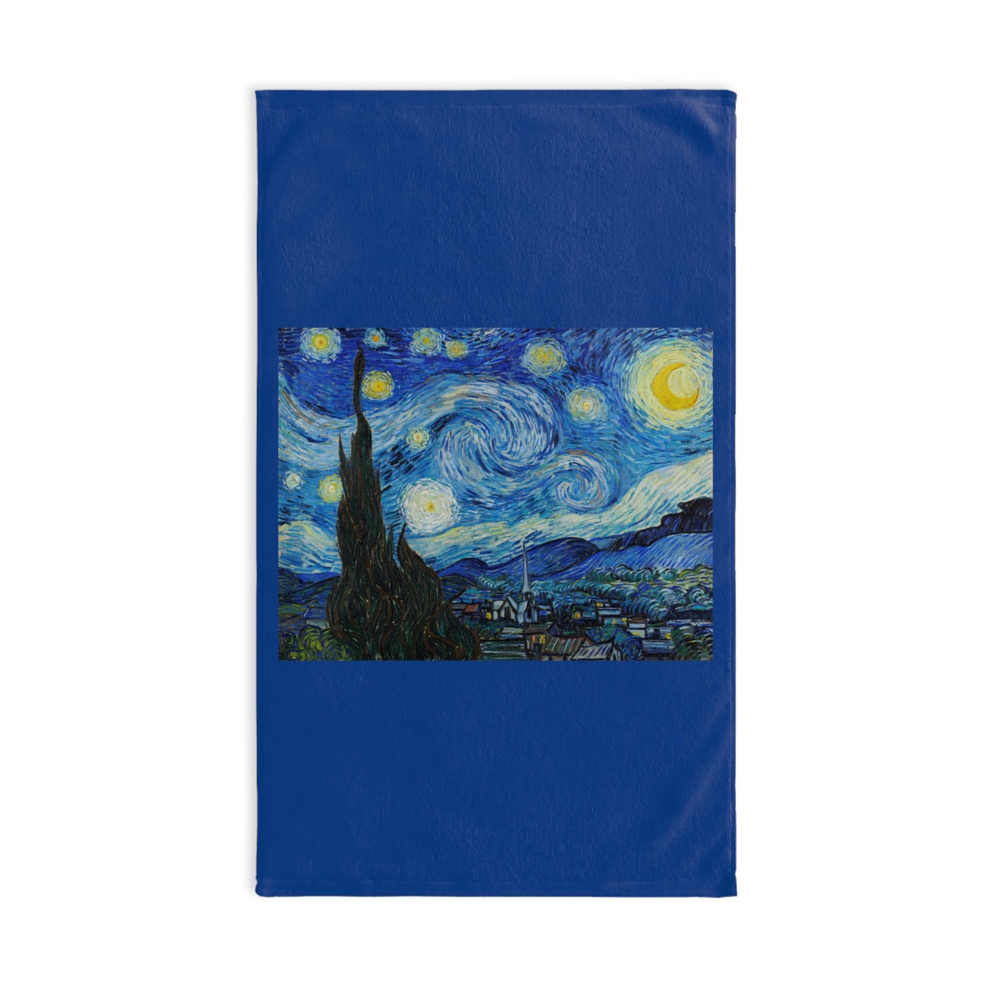 The Starry Night (1889) Vincent van Gogh. Hand Towel. Custom Artwork, Unique Whimsical Flare. Vivid Colors. Great to have in every bathroom of your home and business. Soft against your skin. Adding a Splash of Color!