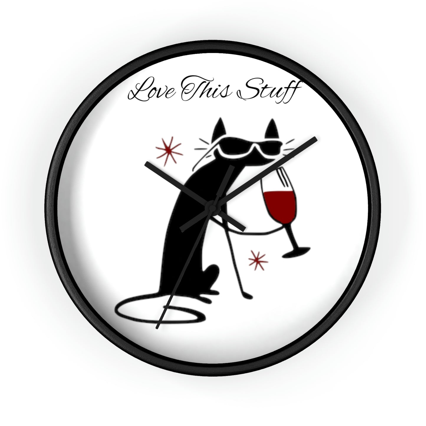 Black Cat drinking Wine, Love This Stuff. Wall Clock. Custom Artwork. Unique Whimsical Flare. Vivid Colors. Great to have in your home and business. Looking fabulous on your walls, definitely a splash of color. Such a Wonderful Gift!