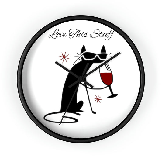 Black Cat drinking Wine, Love This Stuff. Wall Clock. Custom Artwork. Unique Whimsical Flare. Vivid Colors. Great to have in your home and business. Looking fabulous on your walls, definitely a splash of color. Such a Wonderful Gift!
