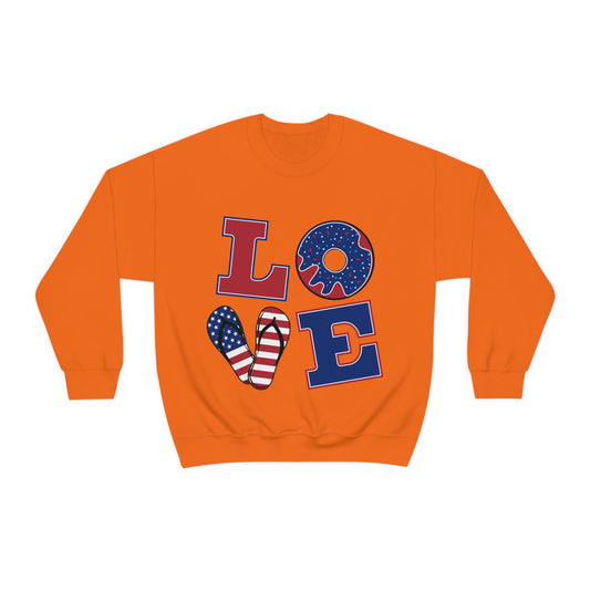 Red, white and Blue Love. Crewneck Sweatshirt. Custom Artwork. Unique Whimsical Flare. Vivid Colors. Great for Men, Women and Children. Soft against your skin. Comfortable to wear every day of the week. Keeping you cozy and warm. Looking Fabulous! Such a Wonderful Gift!