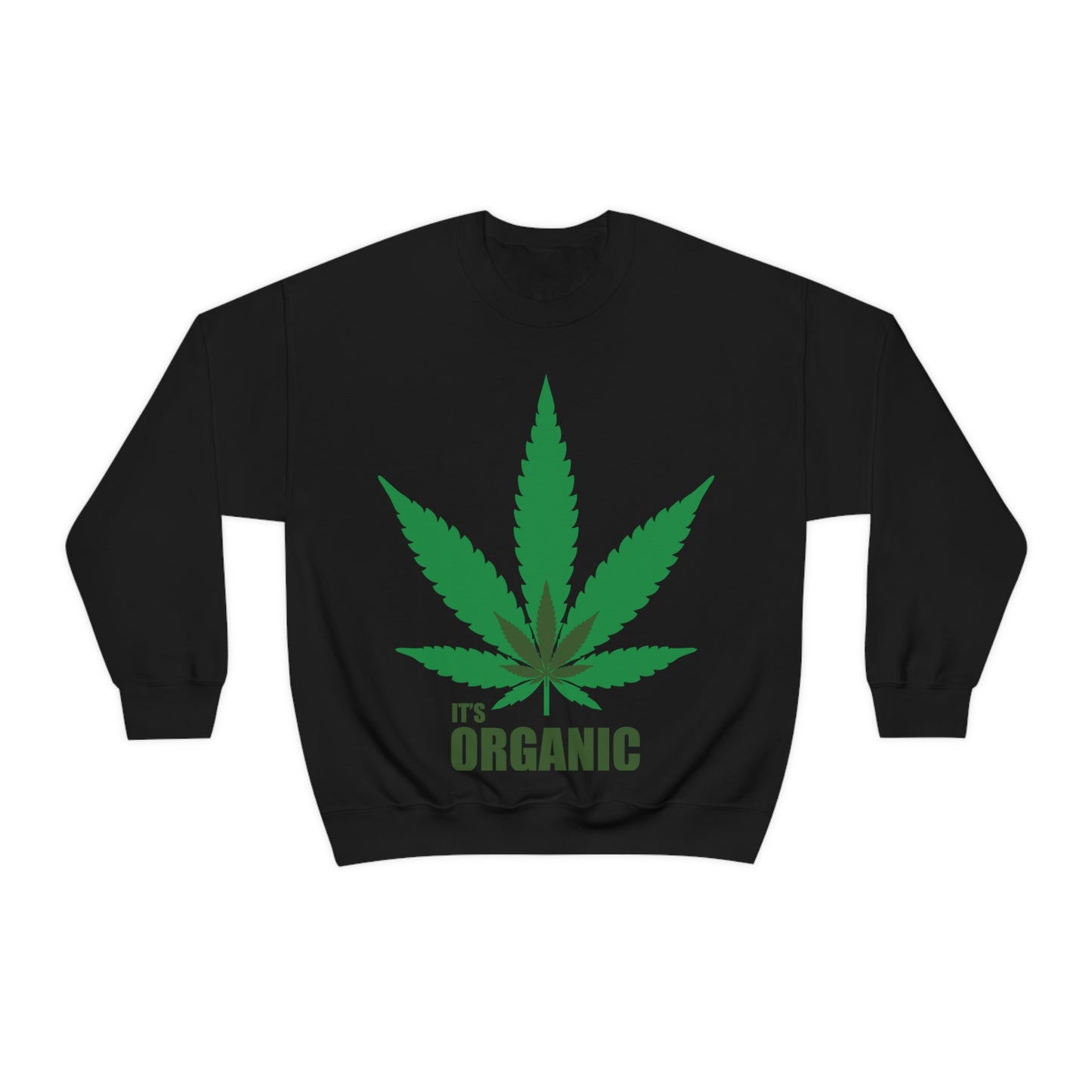 It's Organic. Green Leaf. Crewneck Sweatshirt. Custom Artwork. Unique Whimsical Flare. Vivid Colors. Soft against your skin. Comfortable to wear everyday of the week. Keeping you cozy and warm. Looking Fabulous!