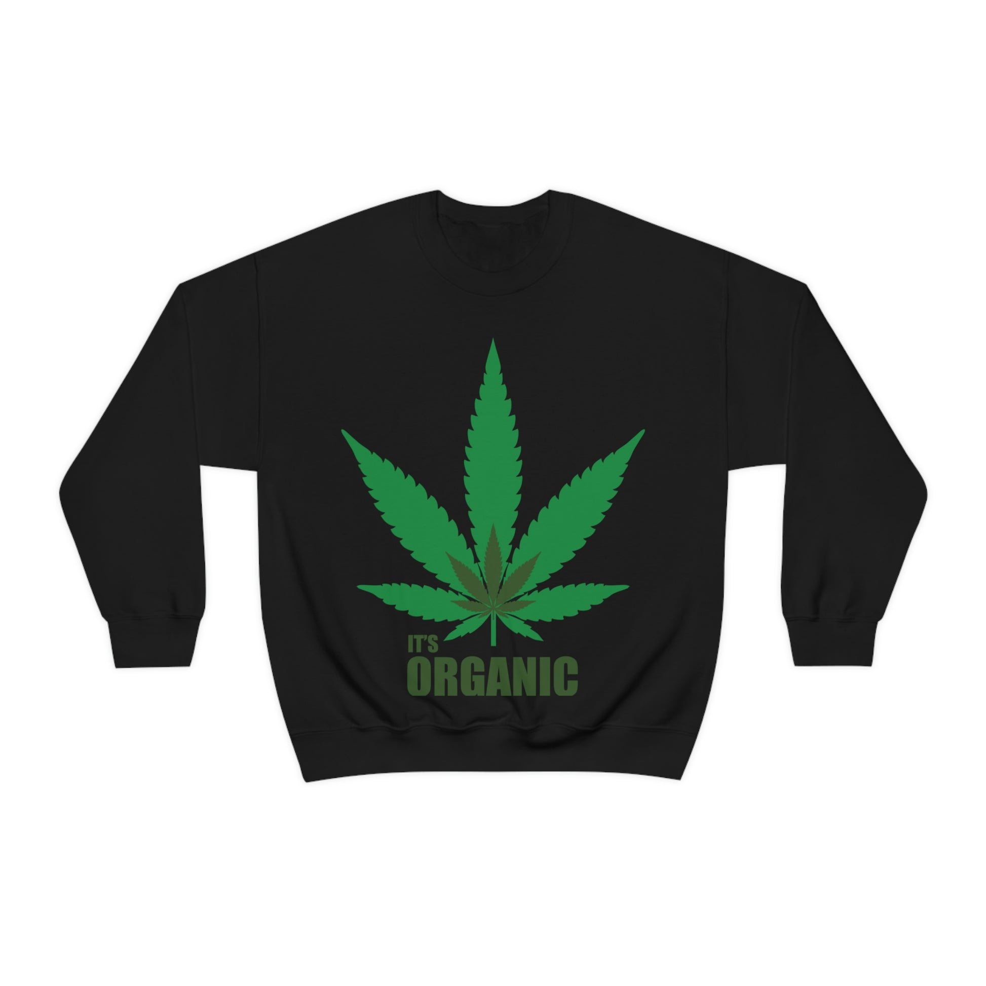 It's Organic. Green Leaf. Crewneck Sweatshirt. Custom Artwork. Unique Whimsical Flare. Vivid Colors. Soft against your skin. Comfortable to wear everyday of the week. Keeping you cozy and warm. Looking Fabulous!