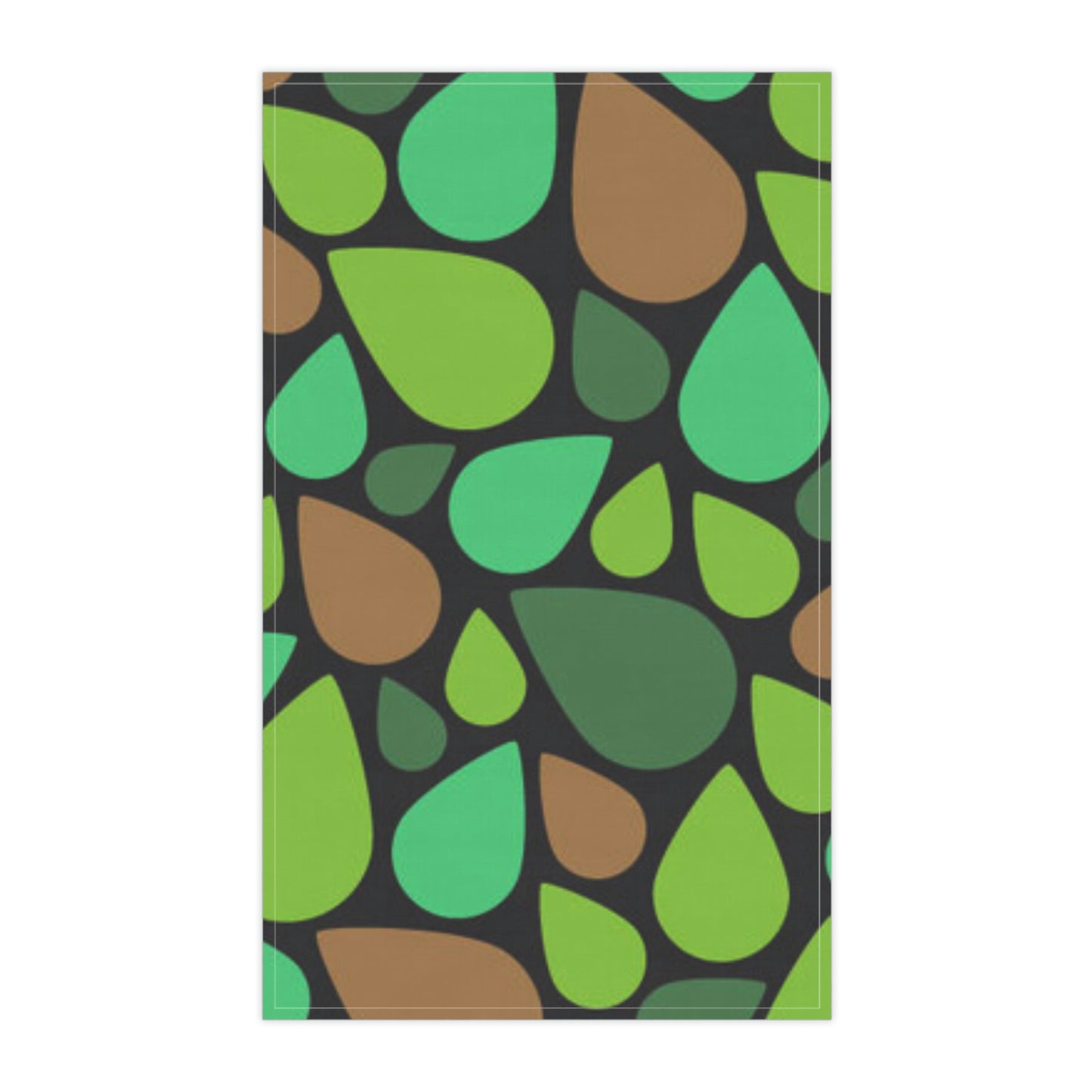 Green and Brown Teardrops. Kitchen Towel. Custom Artwork. Unique Whimsical Flare. Vivid Colors. Soft against your skin. Adding a splash of color. Great to clean up spills in the kitchen, dry your hands, dry the dishes and use as a place mat.