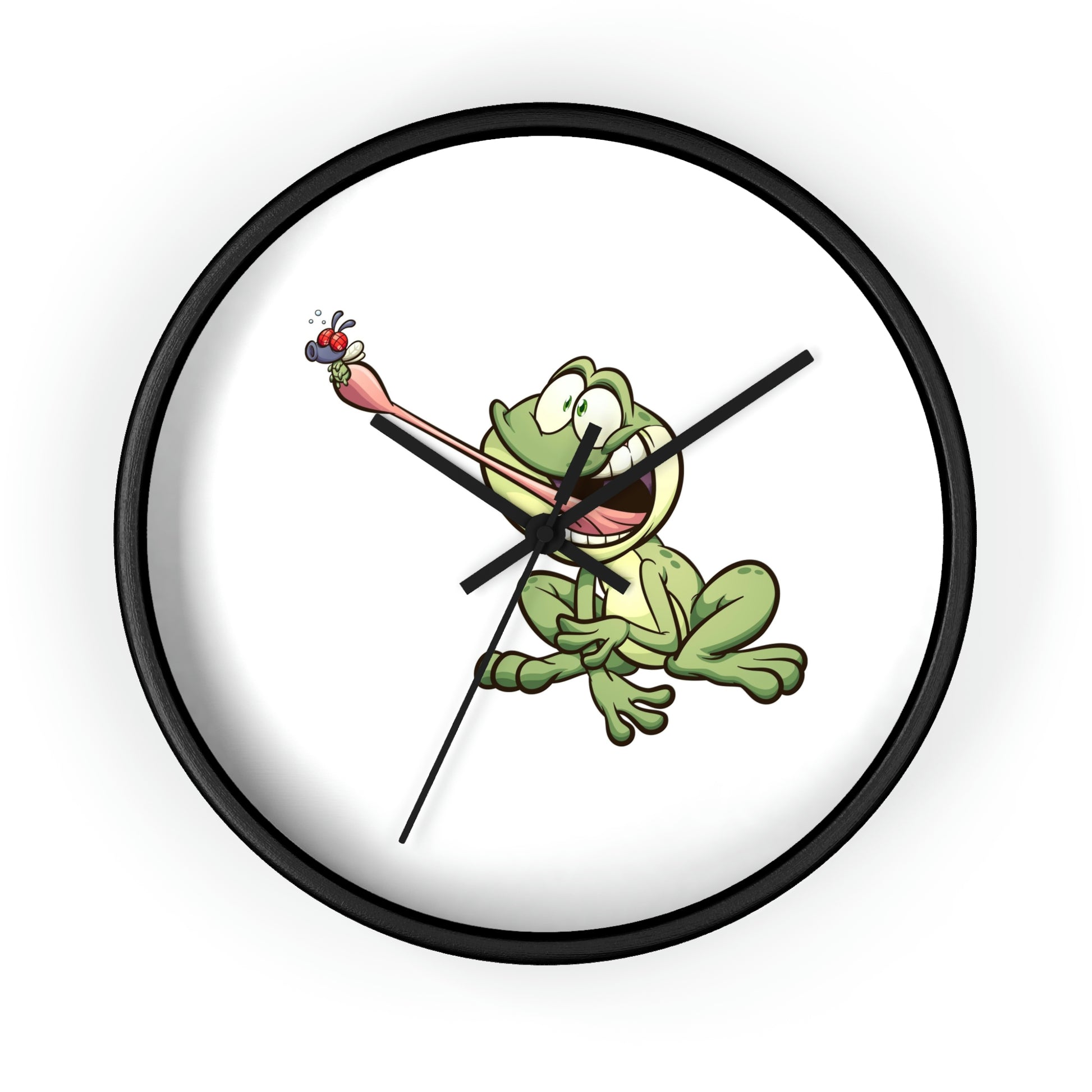 Frog catching bug with it's tongue. Wall Clock. Custom Artwork. Unique Whimsical Flare. Vivid Colors. Great for every room in your home and business. Looks Fabulous on the wall, definitely a splash of color. Your daughter or son would love this wall clock for a Gift!